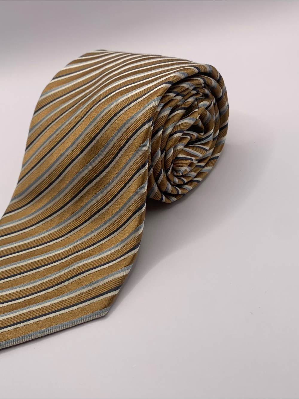 Geoffrey Beene Mustard, Gray and White Striped Silk Tie